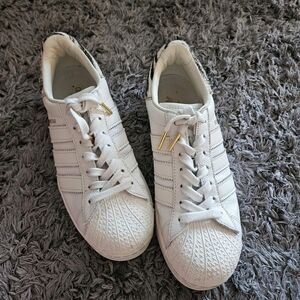 Adidas White Superstar Leather Sneakers with Gold Accents